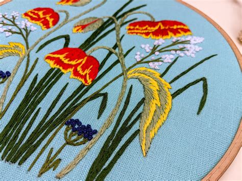 Floral Meadow Embroidery Pattern Video Tutorial Summer Red Etsy