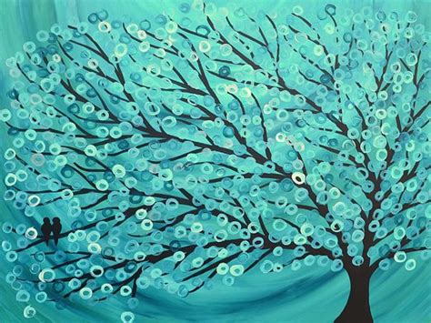Two Birds Turquoise And Teal Abstract Tree Painting By