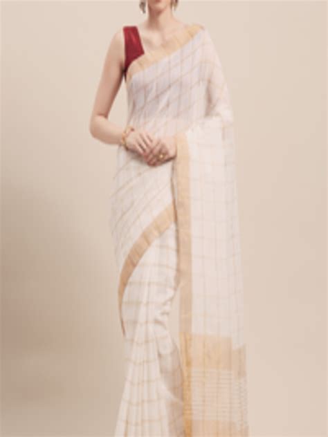 Buy Viva N Diva Off White And Gold Toned Linen Blend Checked Saree Sarees For Women 11210368