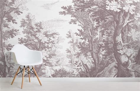 Grey Minimal Forest Wallpaper Etching Design Muralswallpaper In