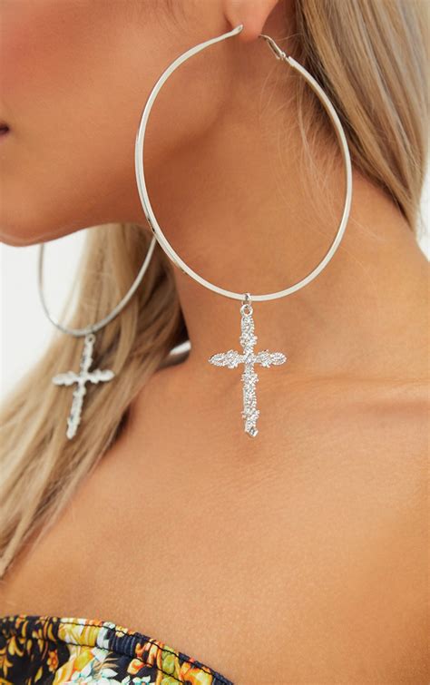 Silver Extra Large Cross Drop Hoop Earrings Prettylittlething Usa