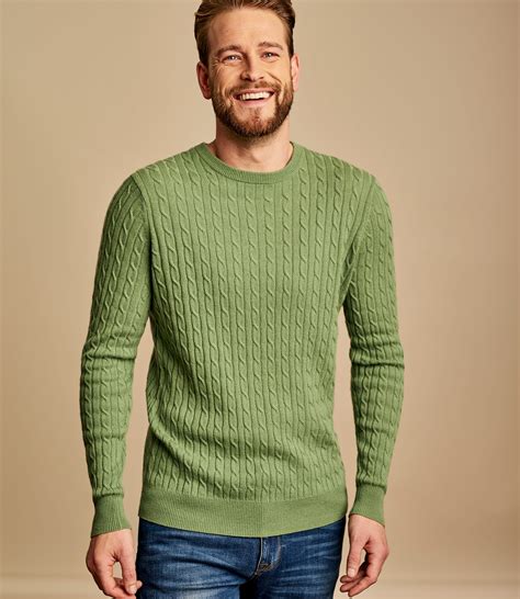 Pear Green Mens Cashmere And Merino Cable Crew Neck Jumper Woolovers Uk