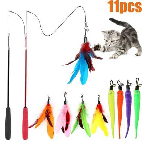 Retractable Cat Feather Toy Set 11pcs Interactive Cat Toys Wand With 2