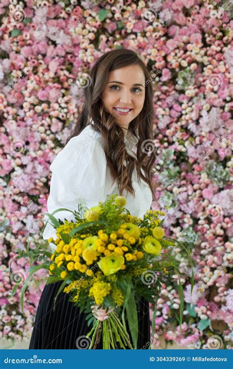 Pretty Lady With Flowers Happy Brunette Woman Indoor Portrait Stock