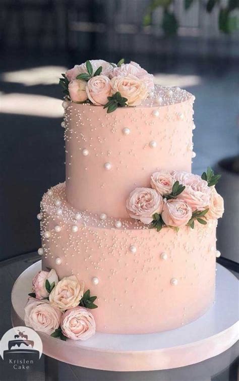 Beautiful Two Tier Pink Wedding Cake With Pearl Details Wedding Cake