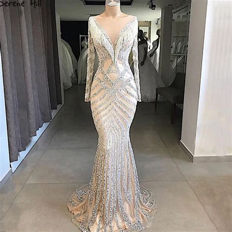 New Dubai Nude Mermaid Prom Dresses 2019 Long Sleeves Beading Tassel Fashion Formal Evening