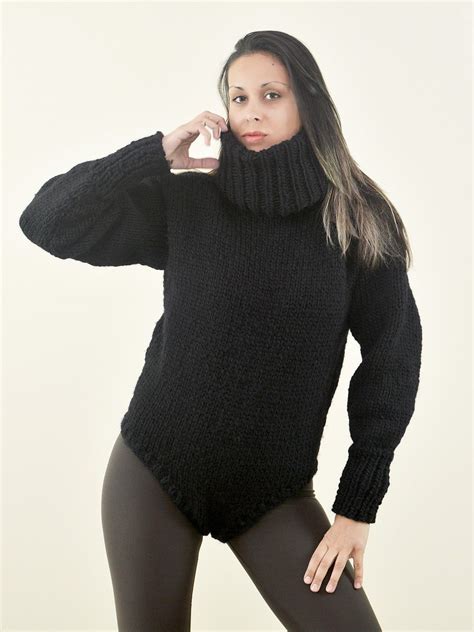 Sexy Hand Knitted Pure Wool Sweater Bodysuit Black Color Turtleneck