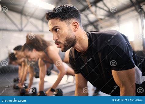 Workout Class Planking And Black Man With Motivation In A Gym Fitness