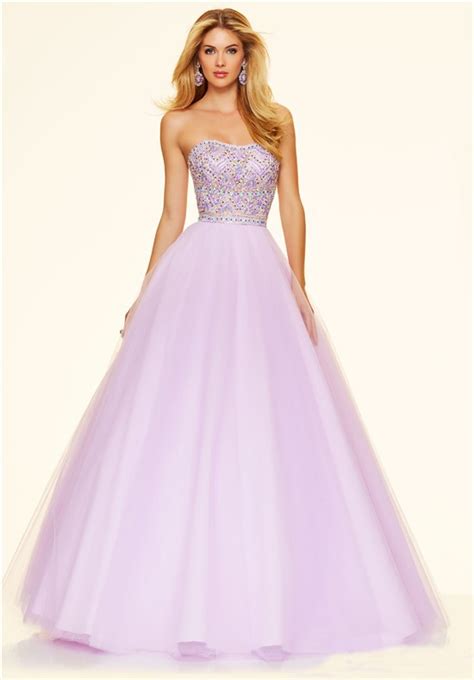 Lovely Ball Gown Strapless Lilac Satin Tulle Beaded Prom Dress