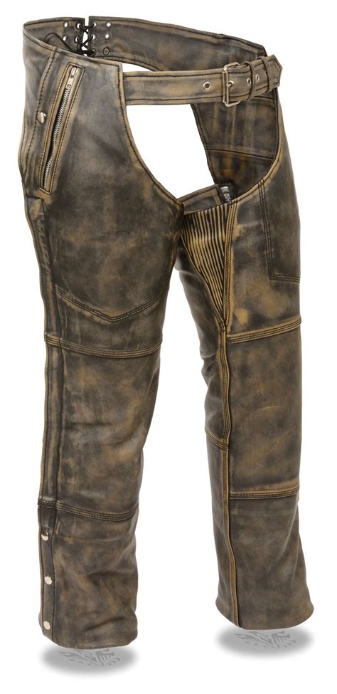 Men’s Distressed Brown Four Pocket Thermal Lined Chap Mens Leather Pants Biker Wear Leather Men
