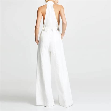 women white linen sexy jumpsuits formal sleeveless v neck halter wide leg long pants yljs109d