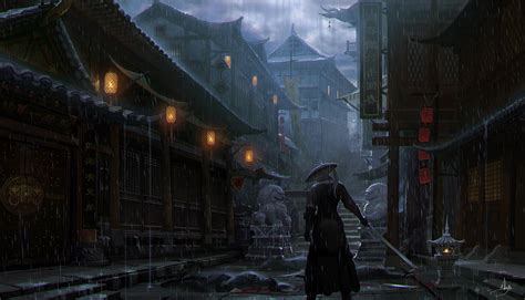 Imperial City Samurai Artwork Rain Wallpapers Hd