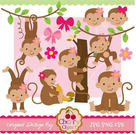 Cute Girl Monkeys Digital Clipart Set For Personal And