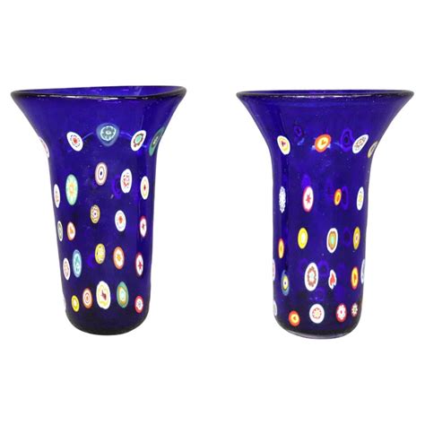 Pair Of Mid Century Modern Italian Art Glass Murano Multi Colored Blue Vases For Sale At 1stdibs