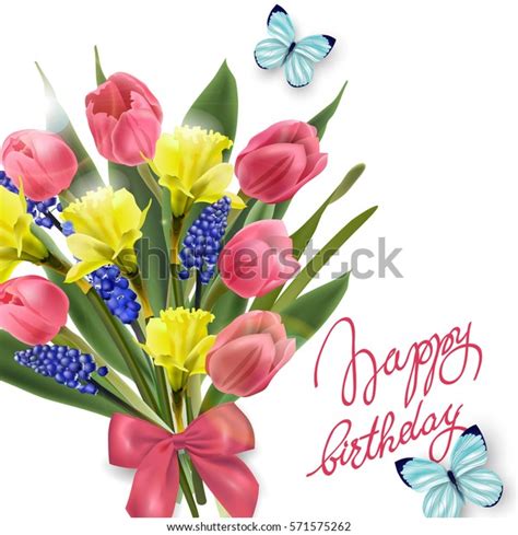 Happy Birthday Card Spring Flowers Tulips เวกเตอร์สต็อก ปลอดค่า