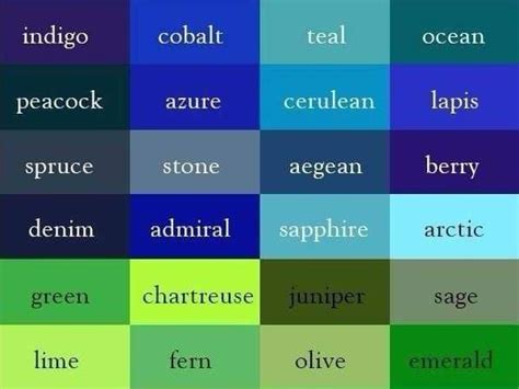 Names Of Colors In English Shades Of Green And Blue Color Names