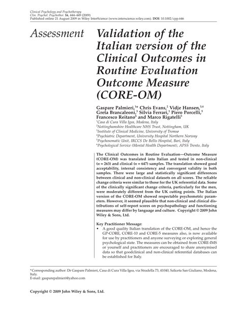 Pdf Validation Of The Italian Version Of The Clinical Outcomes In