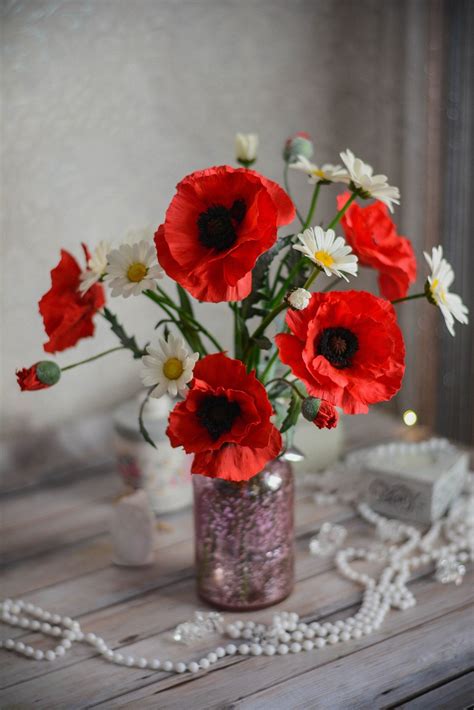 Handcrafted Poppies And Daisy Bouquet Poppy Bouquet Daisy Etsy