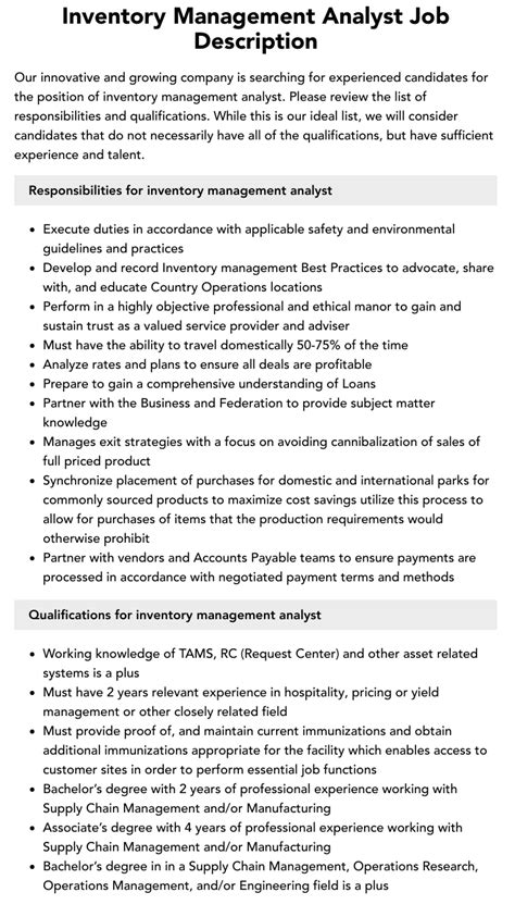 Inventory Management Analyst Job Description Velvet Jobs