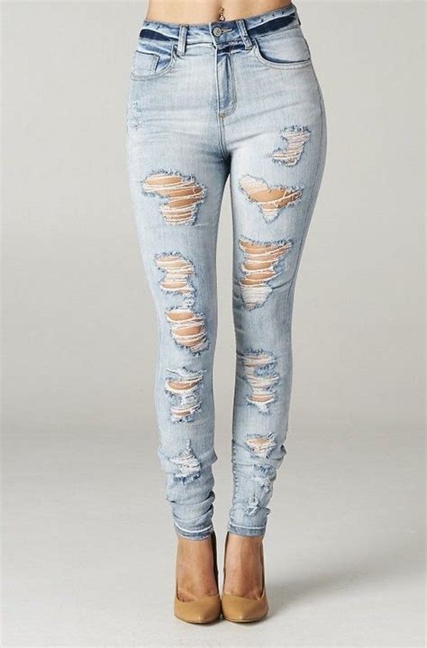 High Rise Skinny Jeans Ripped Destroyed Women Light Weight Denim Vintage Waisted Ebay