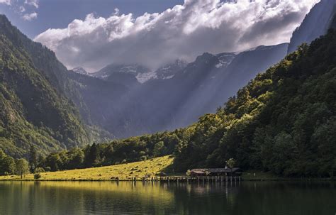 Landscape Nature Lake House Grass Forest Mountain Clouds Sun