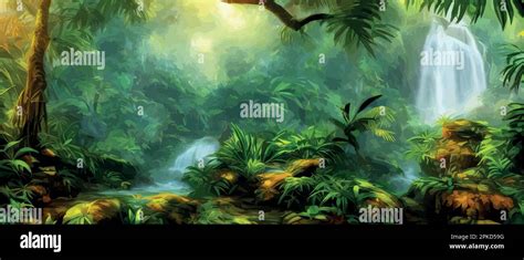 Jungle Waterfall Vector Illustration Fantasy Mystical Fauna Tropical