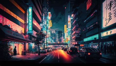Lively Neon Streets Of Shinjuku Tokyo At Night With A Wide Shot
