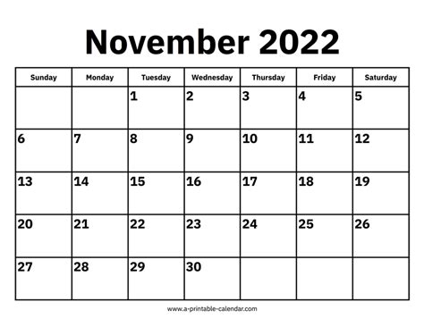 November 2022 Calendar A Printable Calendar