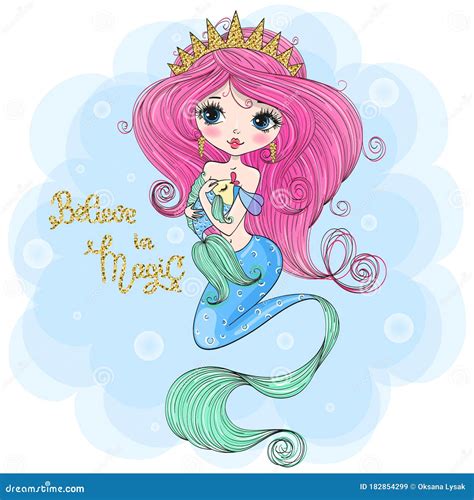 Hand Drawn Cute Little Mermaid Girl With Fish In Her Hands Stock