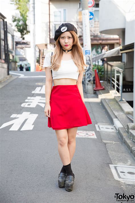 Black Beret Heart Choker Nadia Skirt And Moussy Platform Loafers In Harajuku Tokyo Fashion