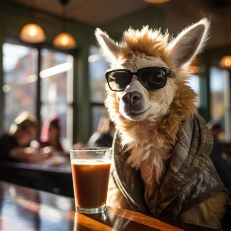 Premium Ai Image An Alpaca Wearing Sunglasses Walks Into A Coffee Shop