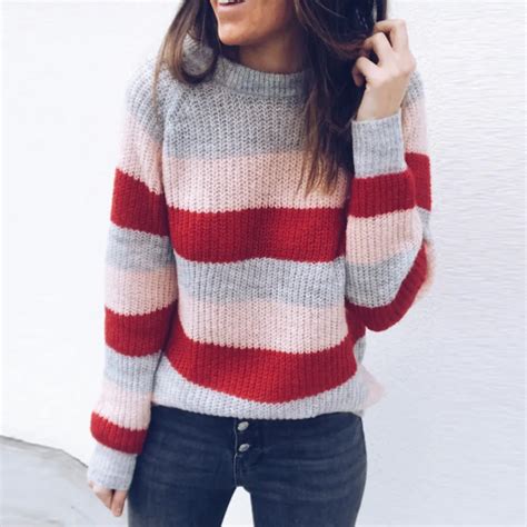 Buy 2018 New Autumn Red Pink Striped Knitted Sweater