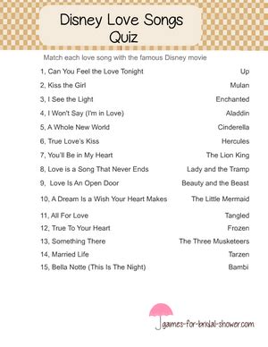 Lyrics generated using artificial intelligence. Disney love songs quiz, free printable | Disney love songs ...