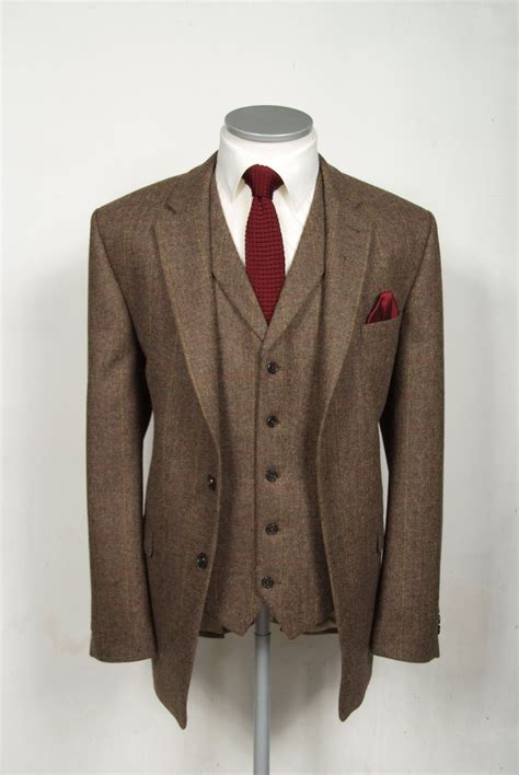 Brown English Tweed Grooms Wedding Suit Slim Fit With Double Or Single