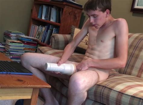 Shaved Twinks Using Fleshlight In Front Of His Computer De