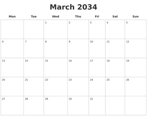March 2034 Blank Calendar Pages