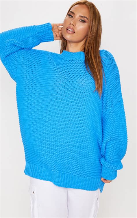 plus blue oversized knit sweater prettylittlething qa