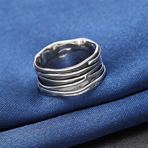 Unique Sterling Silver Rings Wide Ripple Brushed Oxidized Finish