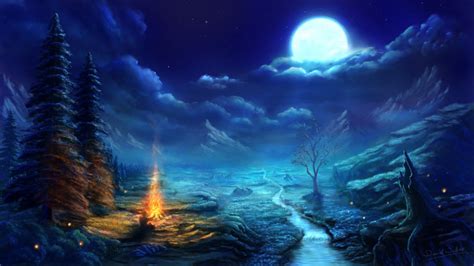 Illustration Of Trees Under Moonlight Digital Art Fantasy Art Nature