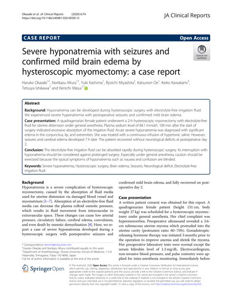 Pdf Severe Hyponatremia With Seizures And Confirmed Mild Brain Edema