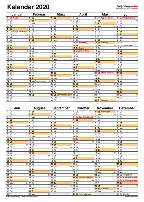 Kalender 2020 Zum Ausdrucken In Excel 17 Vorlagen Kostenlos