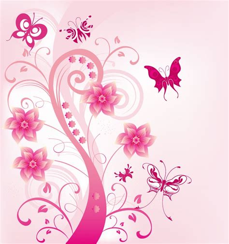 Pink Floral Swirl With Butterfies Vector Illustration Free Vector