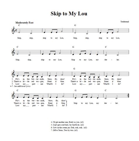 Skip To My Lou C Instrument Sheet Music Lead Sheet With Chords And Lyrics