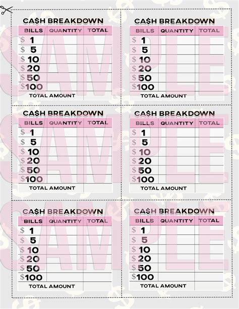 Boss Haven Printable Cash Breakdown Sheets Cash Breakdown Etsy