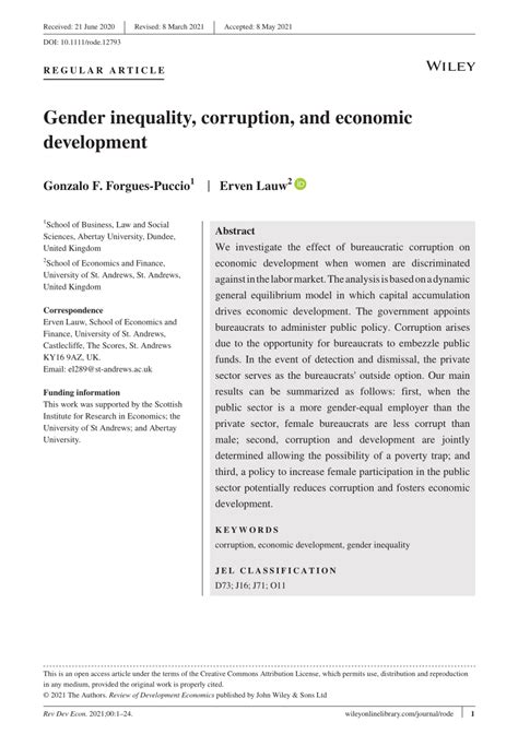Pdf Gender Inequality Corruption And Economic Development