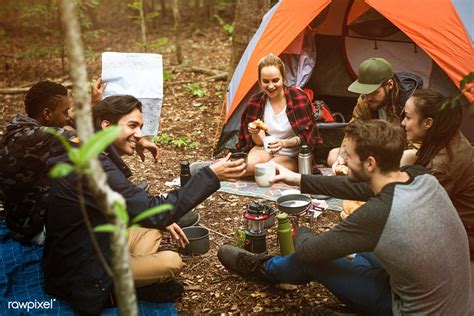 Friends Camping In The Forest Together Premium Image By