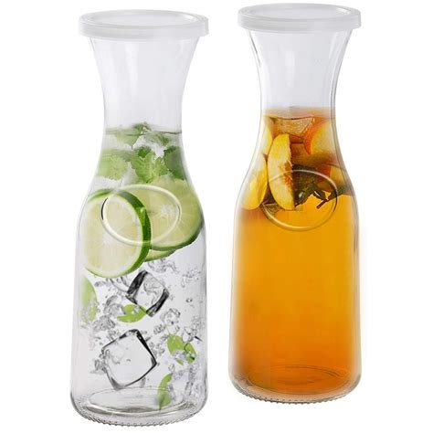 Estilo Glass Beverage Pitcher Carafe With Plastic Lids Narrow Neck