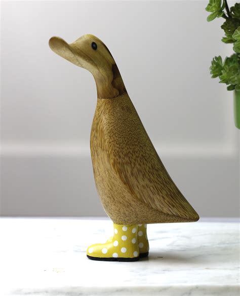 Wooden Duck With Yellow Welly Boots Duck In Polka Dot Rain Boots