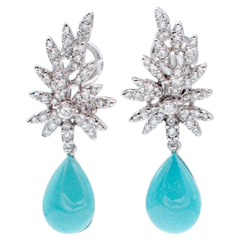 Turquoise Diamonds 14 Karat White Gold Dangle Earrings At 1stDibs