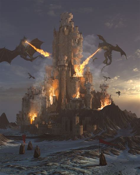 An Image Of A Castle That Is On Fire With Many Dragon Flying Around In